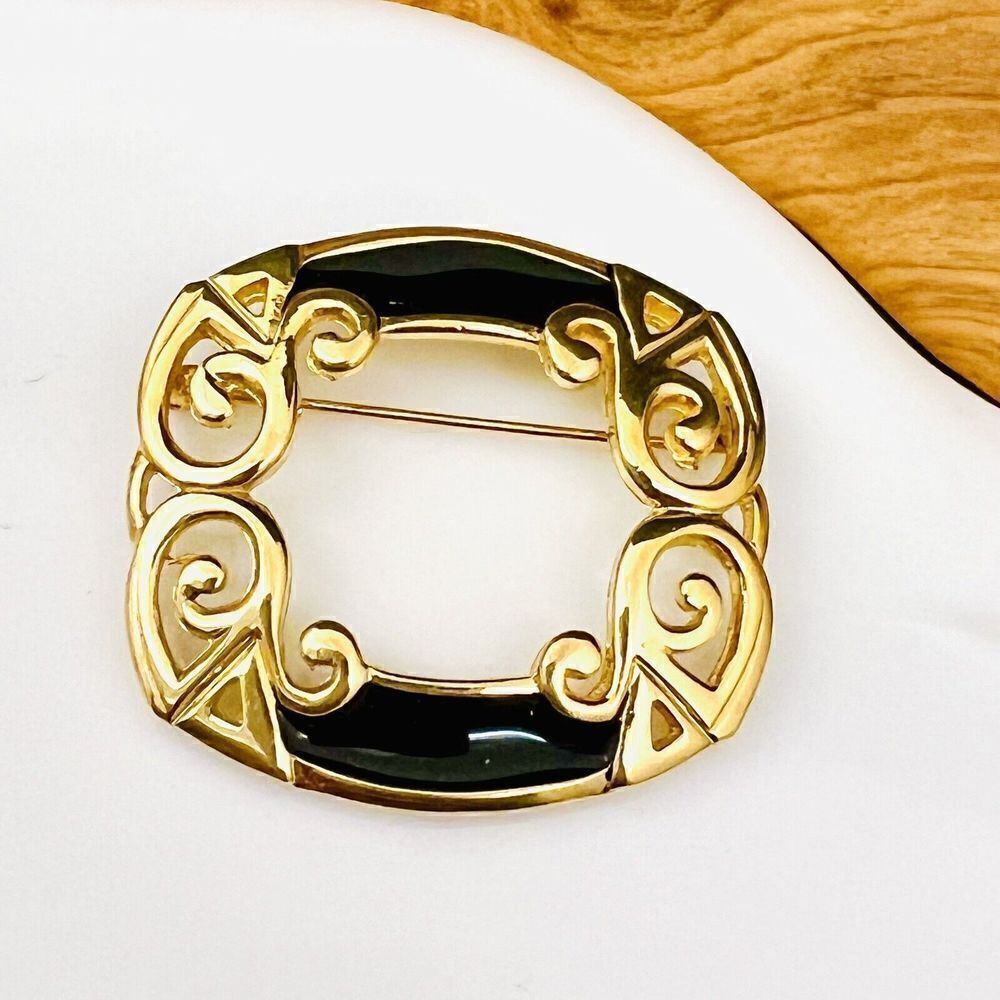 Vintage GINNIE JOHANSEN Gold Tone Black Enamel Brooch Open Work 4093
